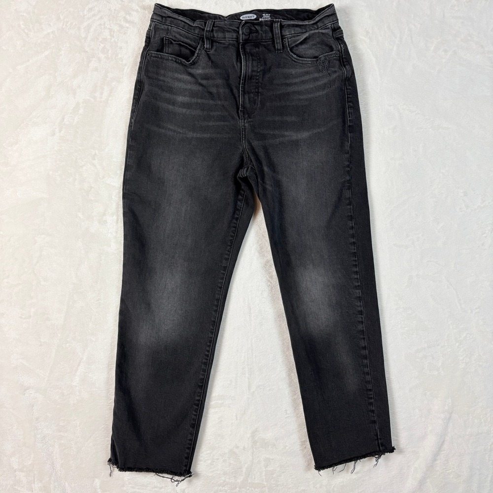 Old Navy Sky-Hi Straight Jeans Womens 10 Black Excellent Extra High Rise Raw Hem